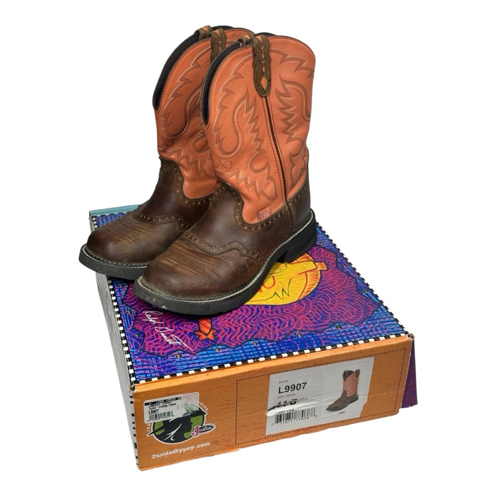 Justin Gypsy Boots Women's 11B Brown Leather Coral Pink Round Toe L9007 w/ Box